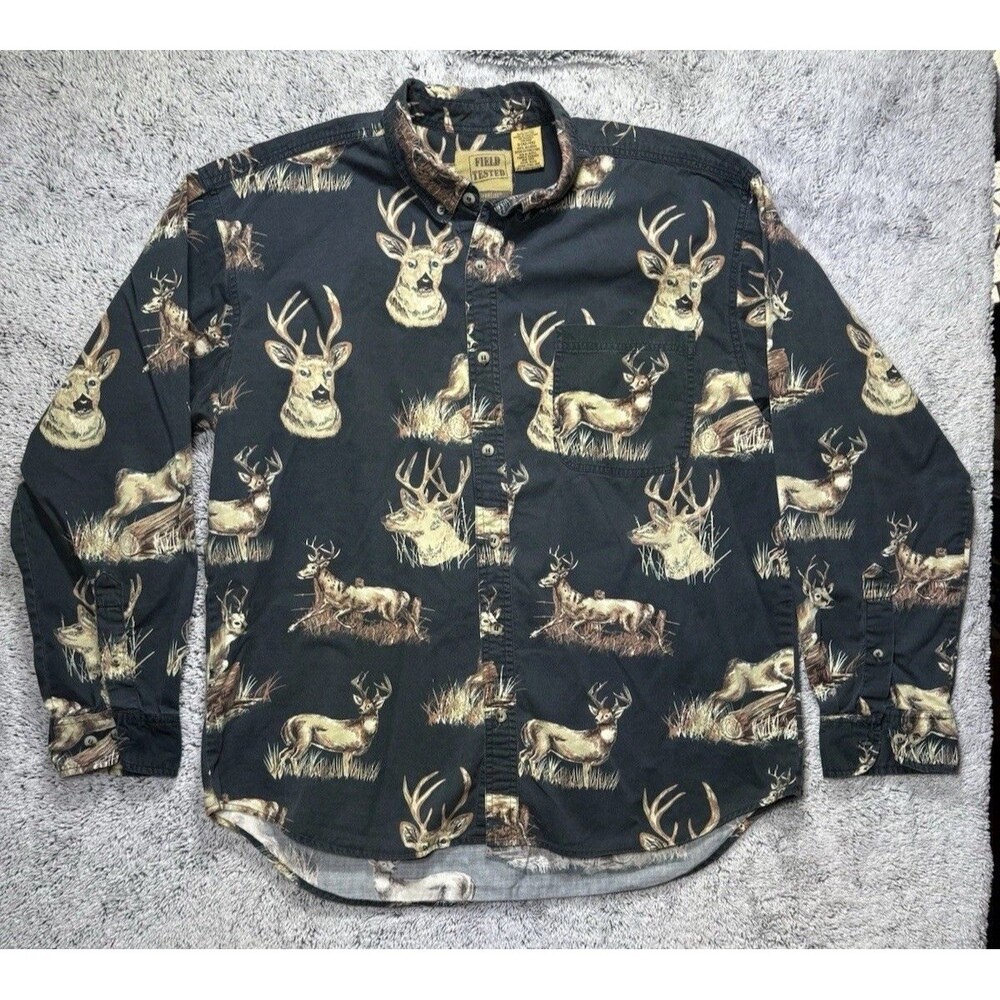Outdoor Life Shirt Mens Large Deer AOP Button Up Hunting Cotton Field‎ Tested